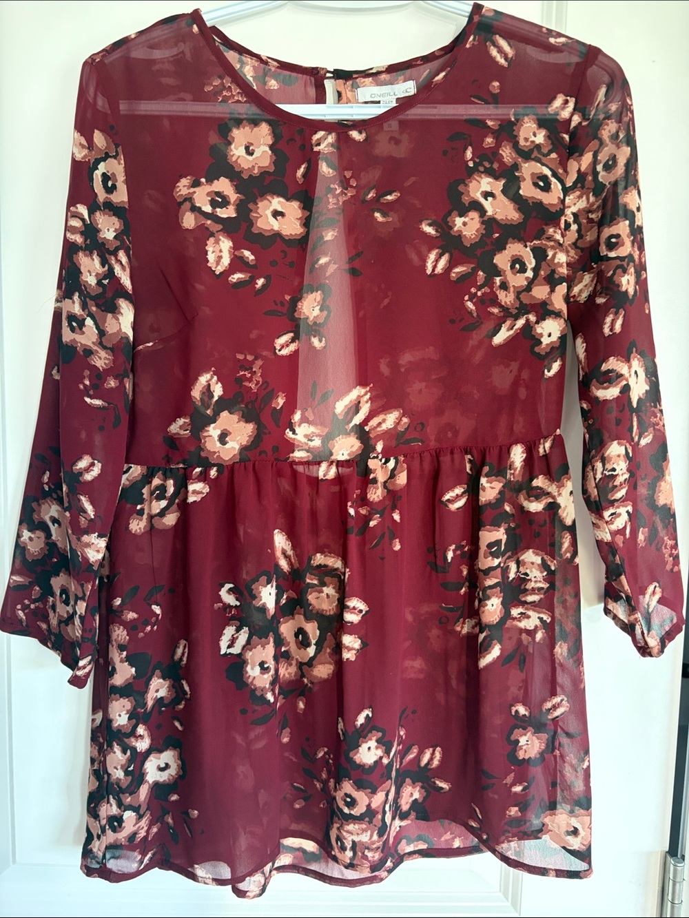 O'Neill Burgundy Floral Mini Dress with Cream & Black Blossoms.  A7
